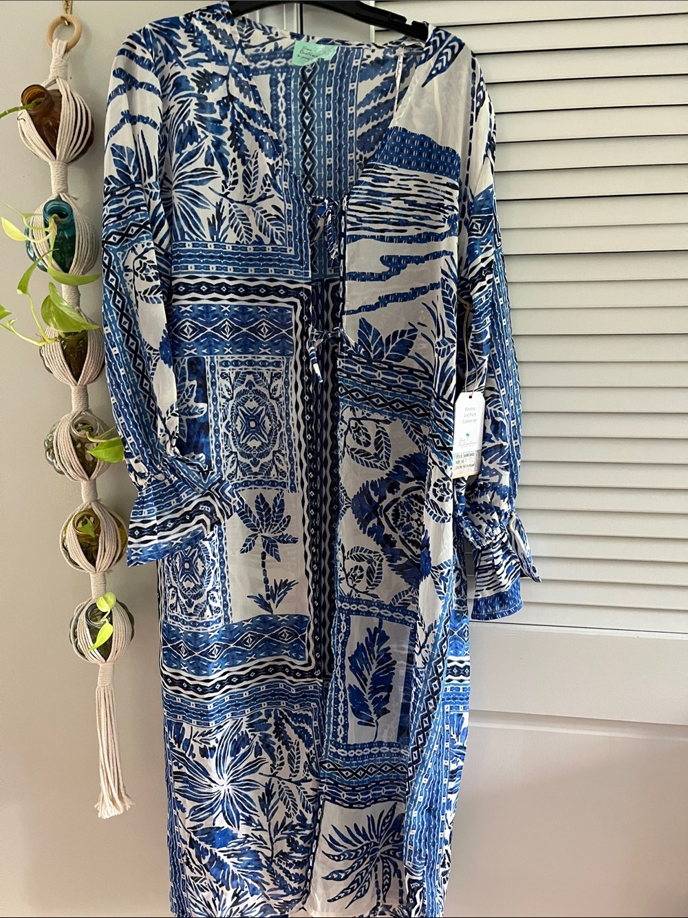 Blue & White Floral Wide-Leg Pants - Lightweight with Kimono Set - Picture 4 of 5